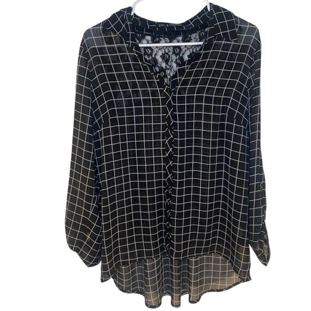 Black and White Grid Pattern Women's Sheer Top Lace Detail Black White SZ L